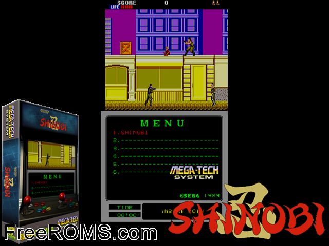 Shinobi (Mega-Tech) MAME game showing 3D box cover and gameplay screenshot