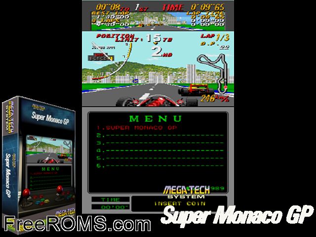 Super Monaco GP (Mega-Tech) MAME game showing 3D box cover and gameplay screenshot