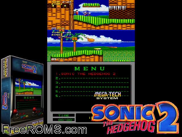 Sonic The Hedgehog 2 (Mega-Tech) MAME game showing 3D box cover and gameplay screenshot
