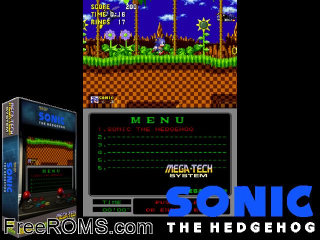 Sonic The Hedgehog (Mega-Tech, set 1) MAME game showing 3D box cover and gameplay screenshot