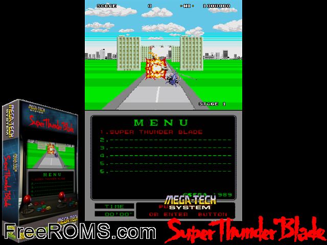 Super Thunder Blade (Mega-Tech) MAME game showing 3D box cover and gameplay screenshot