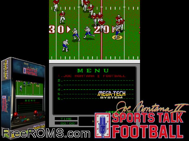 Joe Montana II: Sports Talk Football (Mega-Tech) MAME game showing 3D box cover and gameplay screenshot