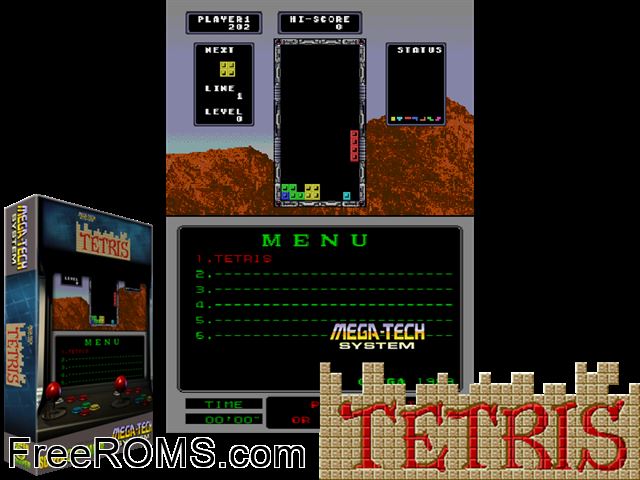 Tetris (Mega-Tech) MAME game showing 3D box cover and gameplay screenshot