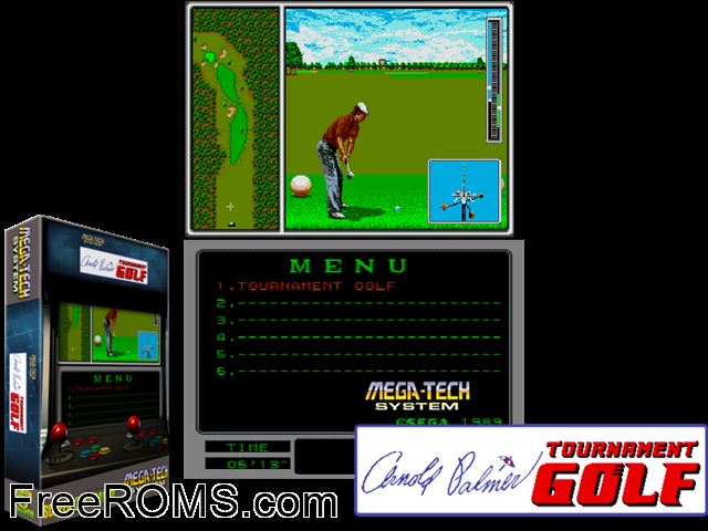 Arnold Palmer Tournament Golf (Mega-Tech) MAME game showing 3D box cover and gameplay screenshot