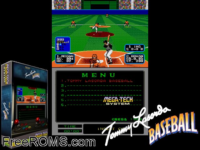 Tommy Lasorda Baseball (Mega-Tech) MAME game showing 3D box cover and gameplay screenshot