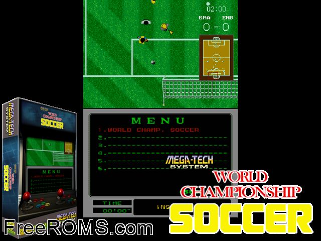 World Championship Soccer (Mega-Tech) MAME game showing 3D box cover and gameplay screenshot