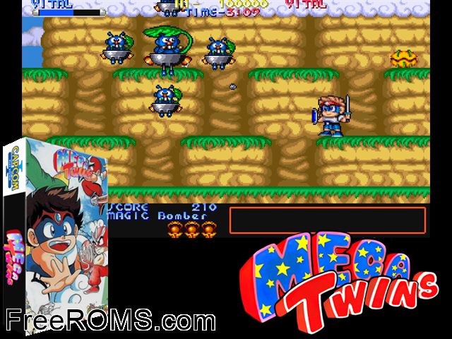 Mega Twins (World 900619) MAME game showing 3D box cover and gameplay screenshot