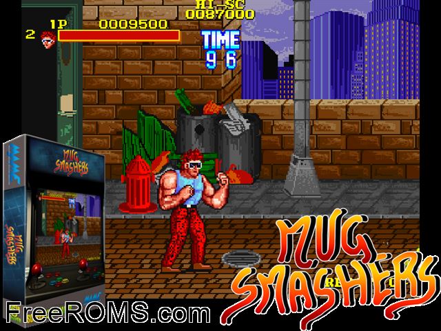 Mug Smashers MAME game showing 3D box cover and gameplay screenshot