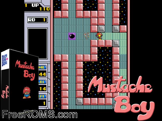 Mustache Boy MAME game showing 3D box cover and gameplay screenshot