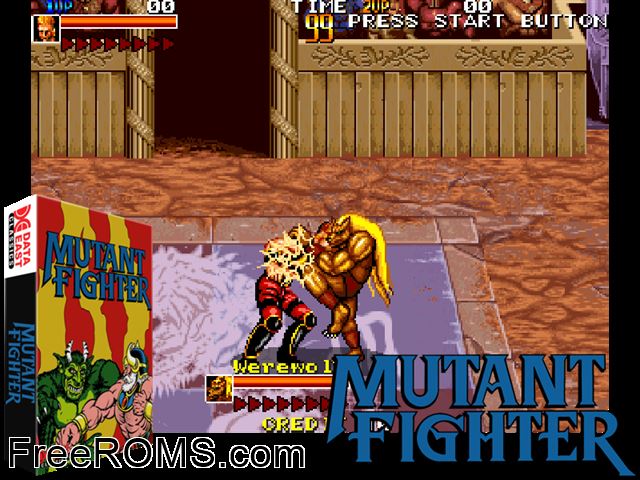 Mutant Fighter (World Rev 3, EM-4) MAME game showing 3D box cover and gameplay screenshot