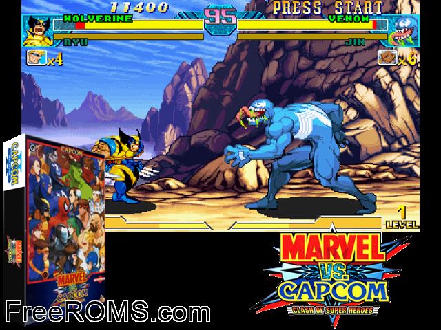Marvel Vs. Capcom: Clash of Super Heroes (Euro 980112) MAME game showing 3D box cover and gameplay screenshot