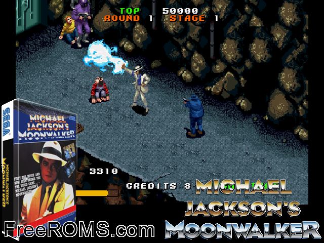 Michael Jackson's Moonwalker (set 1, Japan, FD1094/8751 317-0157) MAME game showing 3D box cover and gameplay screenshot