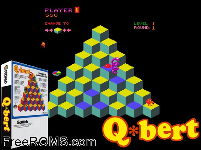 Mello Yello Q*bert MAME game showing 3D box cover and gameplay screenshot