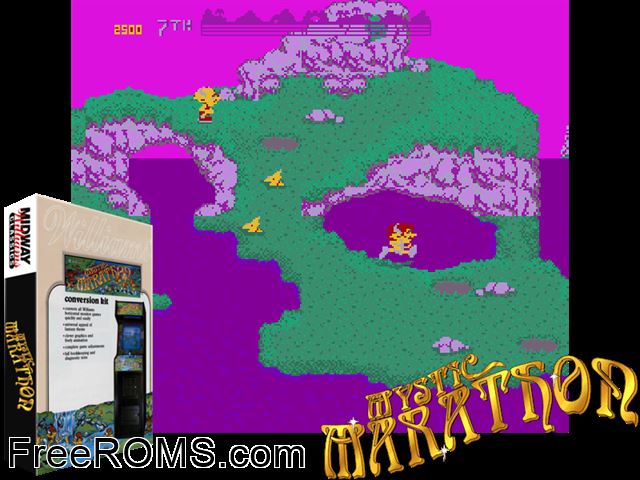 Mystic Marathon MAME game showing 3D box cover and gameplay screenshot
