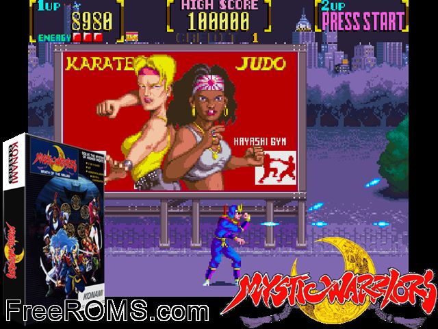 Mystic Warriors (ver EAA) MAME game showing 3D box cover and gameplay screenshot