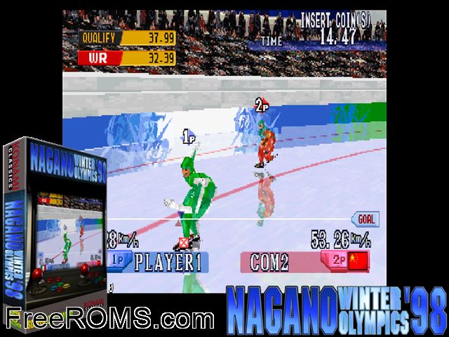 Nagano Winter Olympics '98 (GX720 EAA) MAME game showing 3D box cover and gameplay screenshot