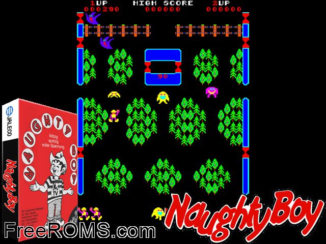 Naughty Boy (Cinematronics) MAME game showing 3D box cover and gameplay screenshot