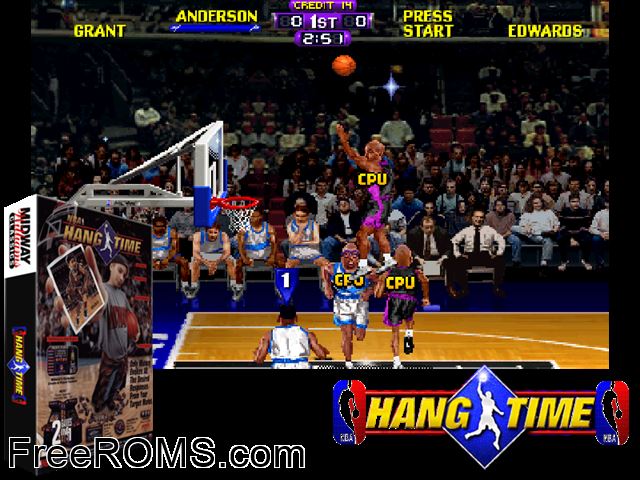 NBA Hangtime (rev L1.1 04/16/96) MAME game showing 3D box cover and gameplay screenshot