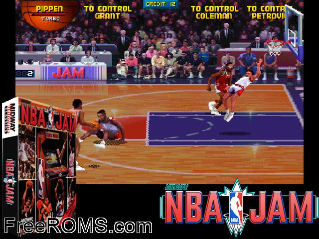 NBA Jam (rev 2.00 02/10/93) MAME game showing 3D box cover and gameplay screenshot