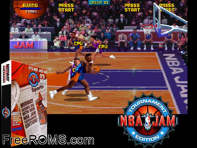 NBA Jam TE (rev 2.0 01/28/94) MAME game showing 3D box cover and gameplay screenshot