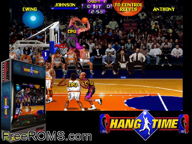 NBA Maximum Hangtime (rev 1.03 06/09/97) MAME game showing 3D box cover and gameplay screenshot