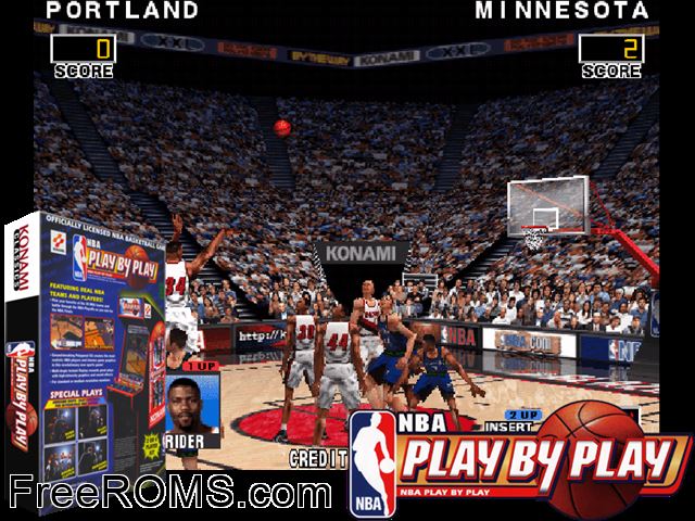 NBA Play By Play MAME game showing 3D box cover and gameplay screenshot