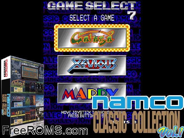Namco Classics Collection Vol.1 (Japan, v1.03) MAME game showing 3D box cover and gameplay screenshot