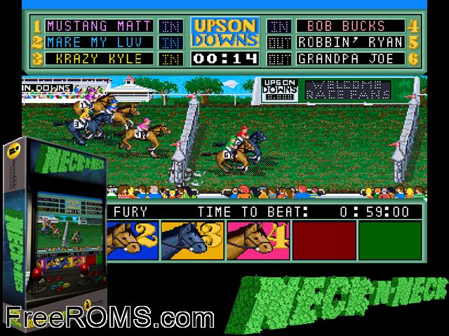 Neck-n-Neck (v1.2) MAME game showing 3D box cover and gameplay screenshot