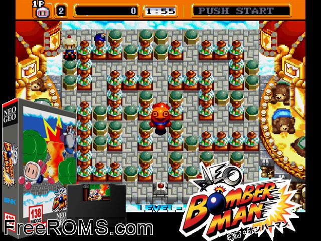 Neo Bomberman MAME game showing 3D box cover and gameplay screenshot
