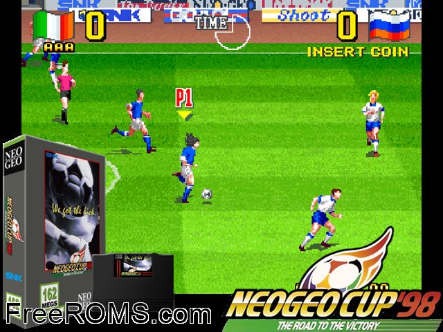Neo-Geo Cup '98 - The Road to the Victory MAME game showing 3D box cover and gameplay screenshot