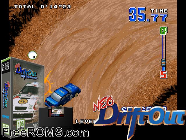 Neo Drift Out - New Technology MAME game showing 3D box cover and gameplay screenshot