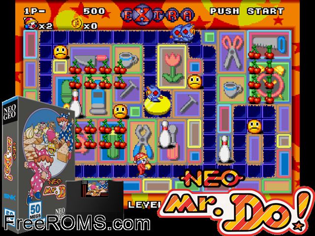 Neo Mr. Do! MAME game showing 3D box cover and gameplay screenshot