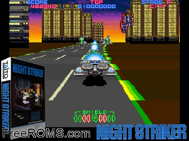 Night Striker (US) MAME game showing 3D box cover and gameplay screenshot
