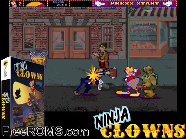 Ninja Clowns (08/27/91) MAME game showing 3D box cover and gameplay screenshot