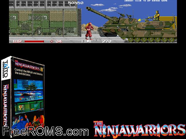 The Ninja Warriors (Japan) MAME game showing 3D box cover and gameplay screenshot