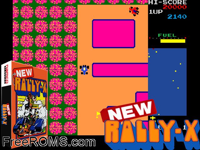 New Rally X MAME game showing 3D box cover and gameplay screenshot