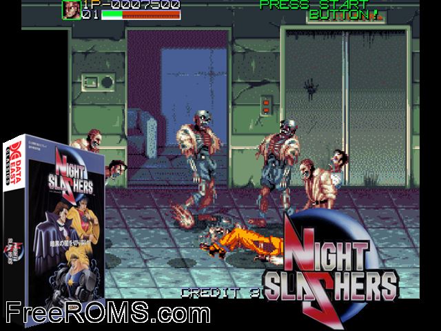 Night Slashers (Korea Rev 1.3) MAME game showing 3D box cover and gameplay screenshot