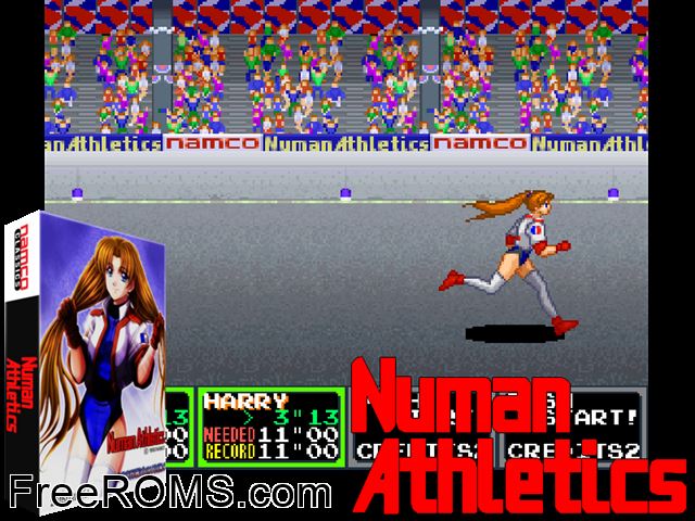 Numan Athletics (Japan) MAME game showing 3D box cover and gameplay screenshot