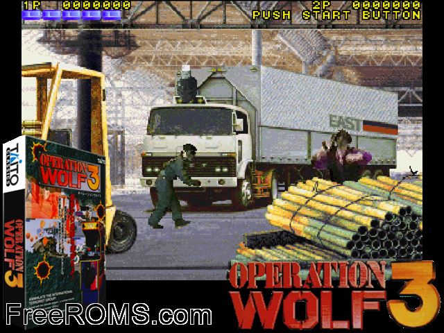 Operation Wolf 3 (US) MAME game showing 3D box cover and gameplay screenshot