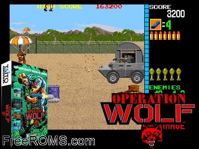 Operation Wolf (US) MAME game showing 3D box cover and gameplay screenshot