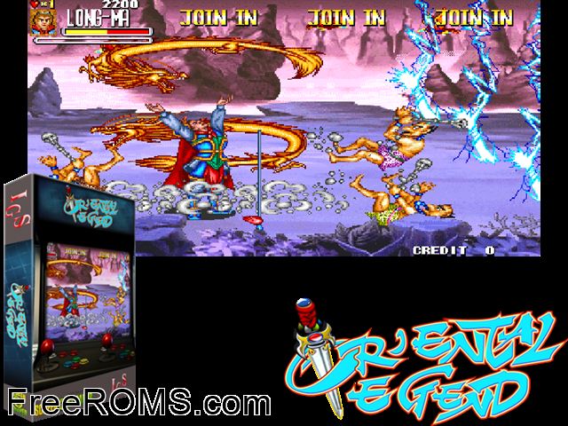 Oriental Legend / Xi Yo Gi Shi Re Zuang (ver. 112, Chinese Board) MAME game showing 3D box cover and gameplay screenshot