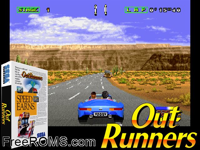 OutRunners (World) MAME game showing 3D box cover and gameplay screenshot