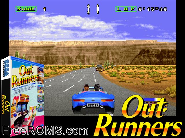 OutRunners (US) MAME game showing 3D box cover and gameplay screenshot