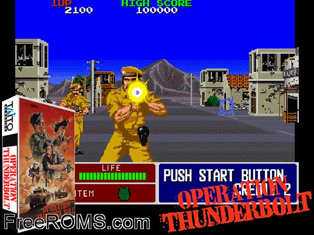 Operation Thunderbolt (World) MAME game showing 3D box cover and gameplay screenshot