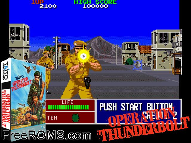 Operation Thunderbolt (Japan) MAME game showing 3D box cover and gameplay screenshot