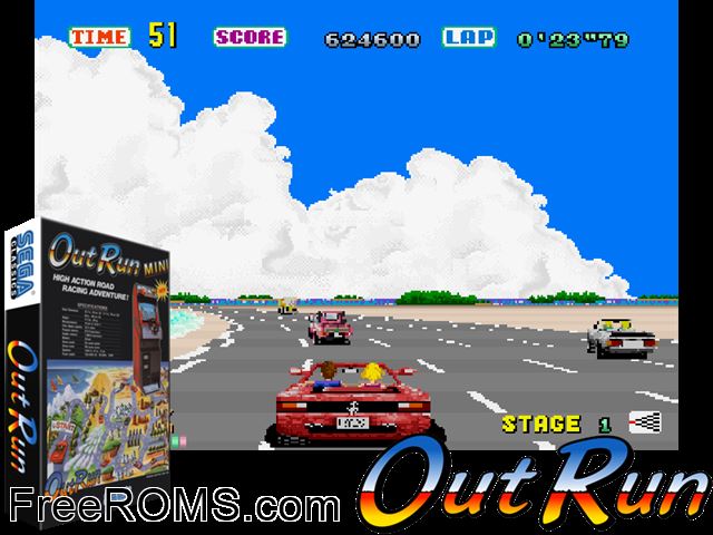 Out Run (bootleg) MAME game showing 3D box cover and gameplay screenshot