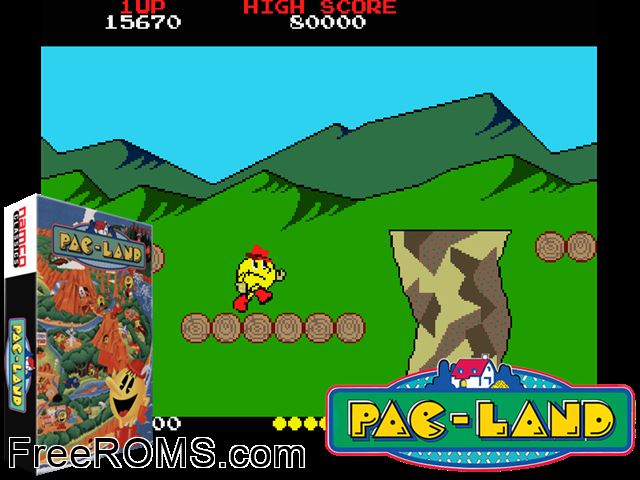 Pac-Land (Midway) MAME game showing 3D box cover and gameplay screenshot