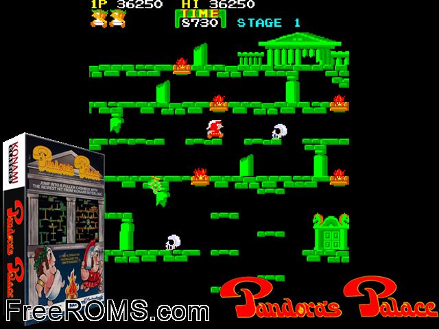Pandora's Palace MAME game showing 3D box cover and gameplay screenshot