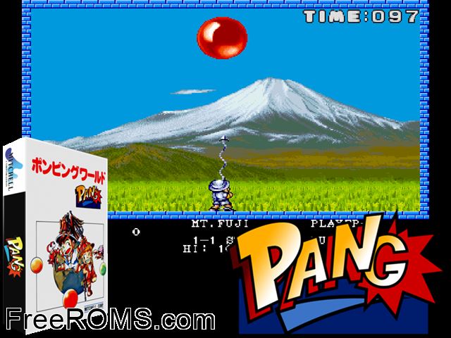 Pang (bootleg) MAME game showing 3D box cover and gameplay screenshot