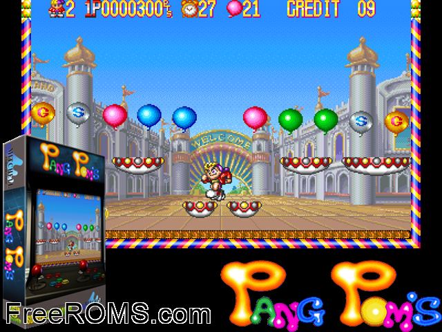 Pang Poms (Mitchell) MAME game showing 3D box cover and gameplay screenshot